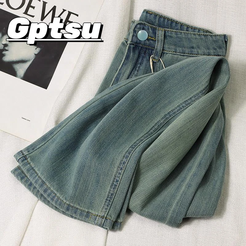 GPTSu柔软浅绿色窄版阔腿牛仔裤女春秋季高腰宽松显瘦长裤拖地裤