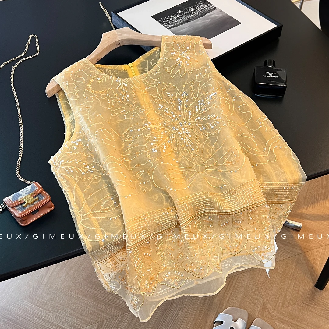 新中式重工珠绣欧根纱无袖上衣女2025夏季新款设计感圆领时尚马甲