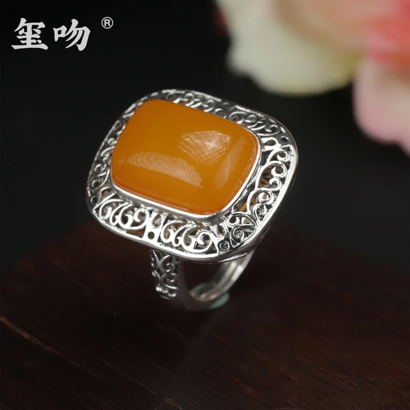 【玺吻】s925银 四方来米 天然黄蜜蜡戒指