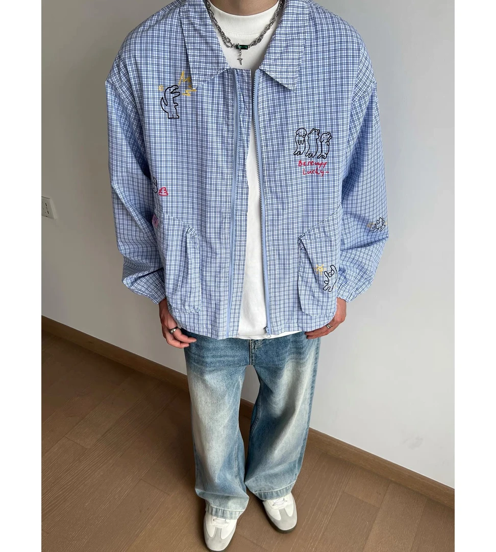 美式复古格子外套男女秋季趣味宽松休闲翻领小众蓝格纹夹克外套潮