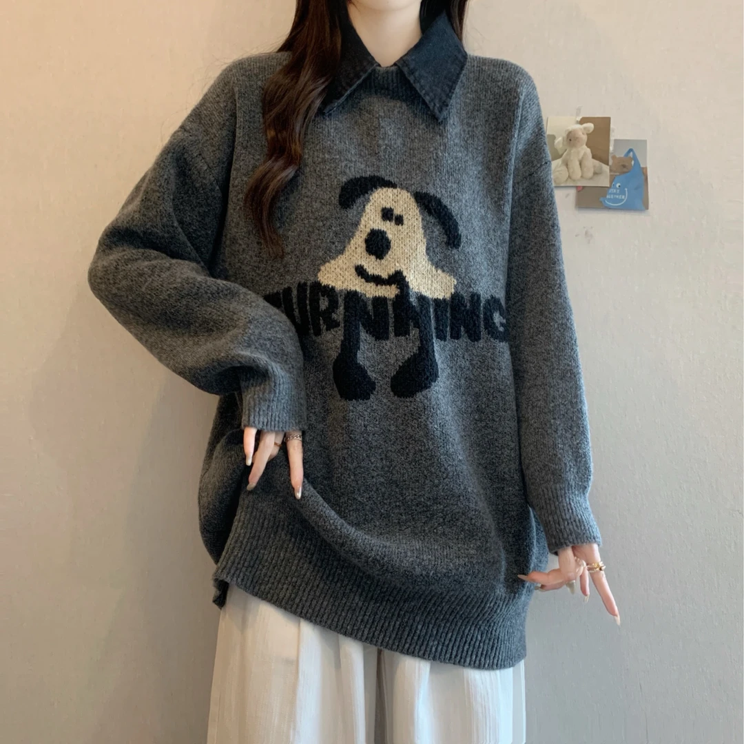 牛仔Polo领正肩小狗毛衣女2025秋冬大码胖mm宽松慵懒风中长款上衣