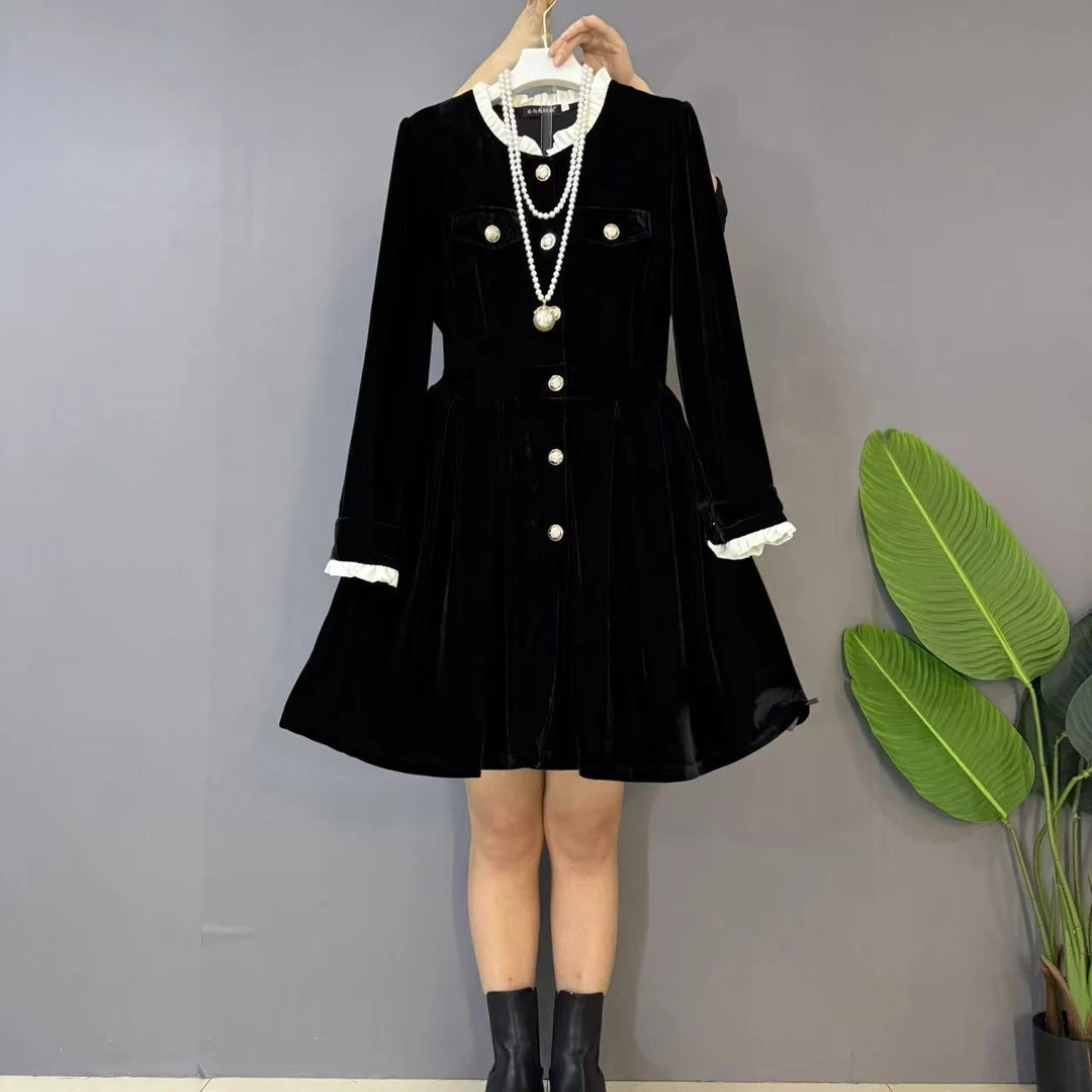 新款大码女装时尚洋气黑色显瘦丝绒气质连衣裙