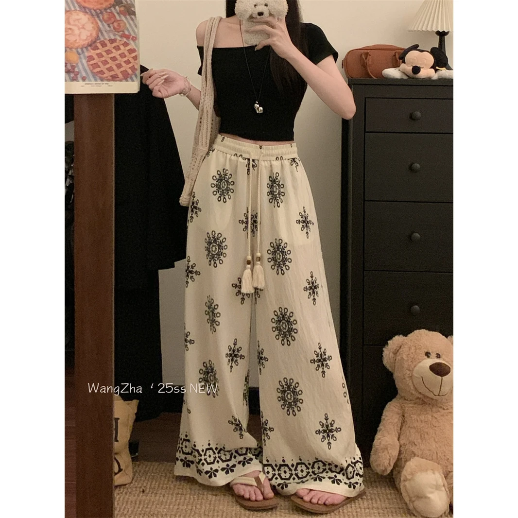 民族风复古碎花阔腿裤裙女薄款高腰宽松显瘦直筒百搭女款裤子N