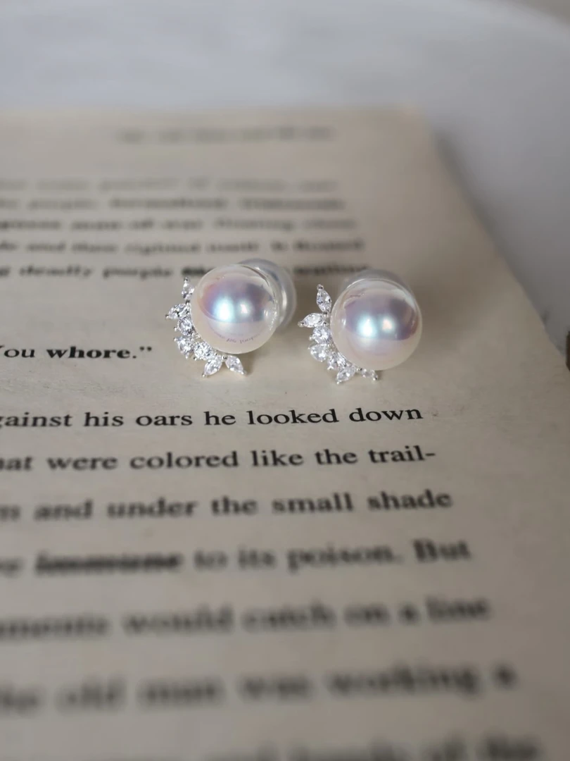 铜合金耳饰 H605简约施家锆石叶子珠珠银灰奶白珠精致耳夹