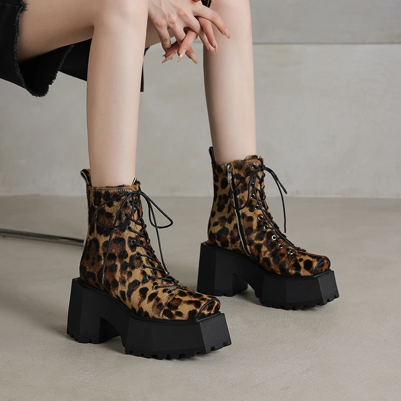 9cm豹纹厚底短靴女马毛2025新款秋冬季马丁靴粗跟小个子增高女靴