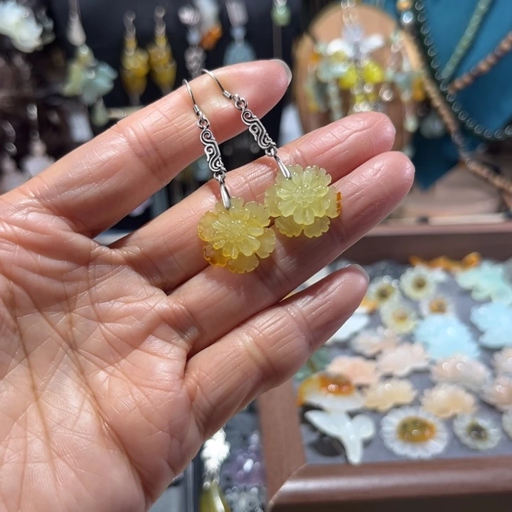 蛇纹石玉银S925镶嵌耳饰