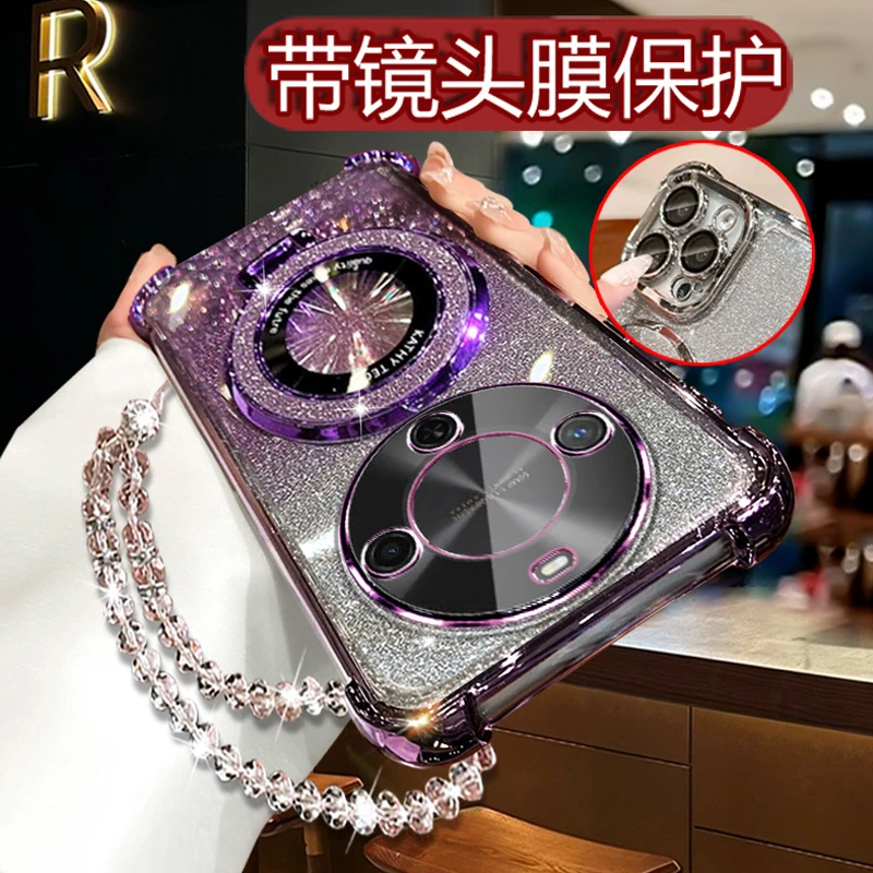 适用华为畅享70X手机壳女高级感全包镜头 BRE-AL80闪粉软壳带支架