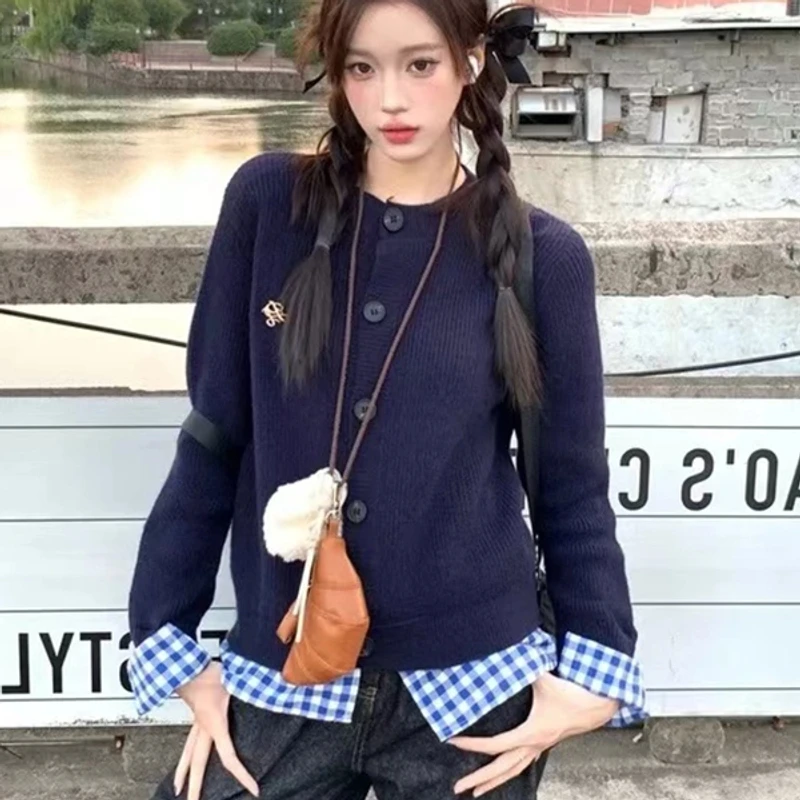 藏青色假两件针织衫开衫女秋冬季设计感毛衣外套短款上衣初秋穿搭