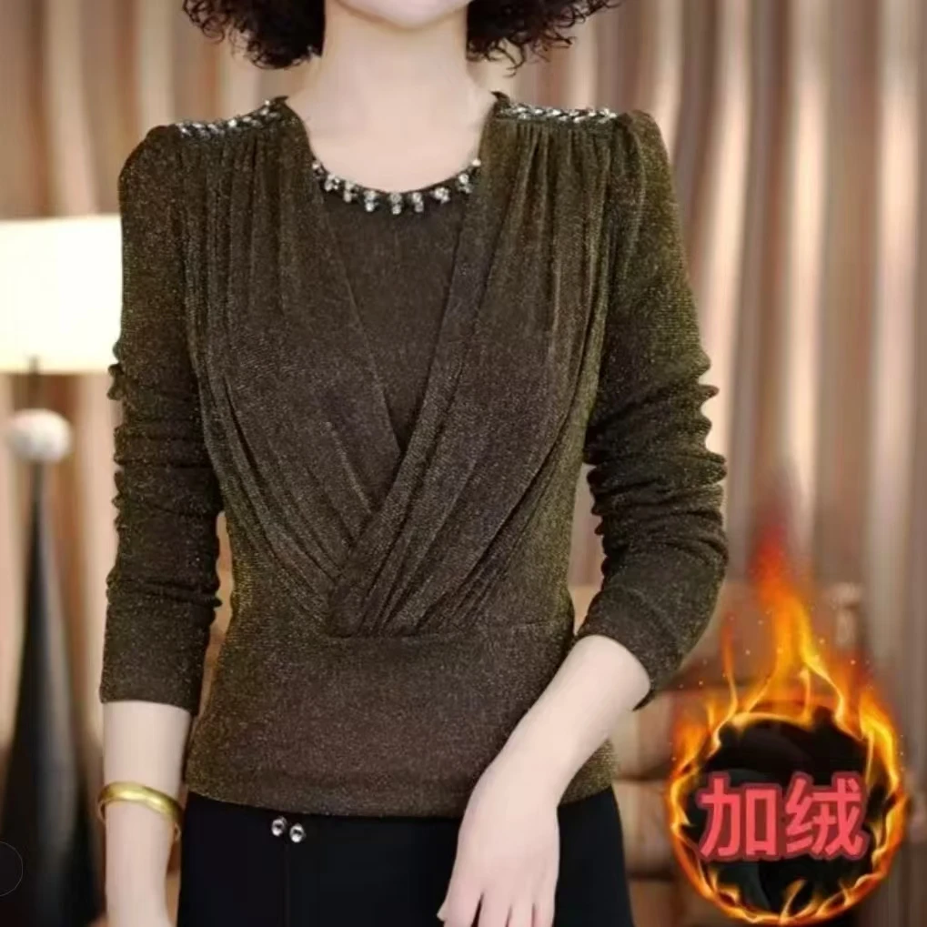 【现货】气质钉珠蕾丝圆领加厚中年印花法式春装小衫亮丝打底衫