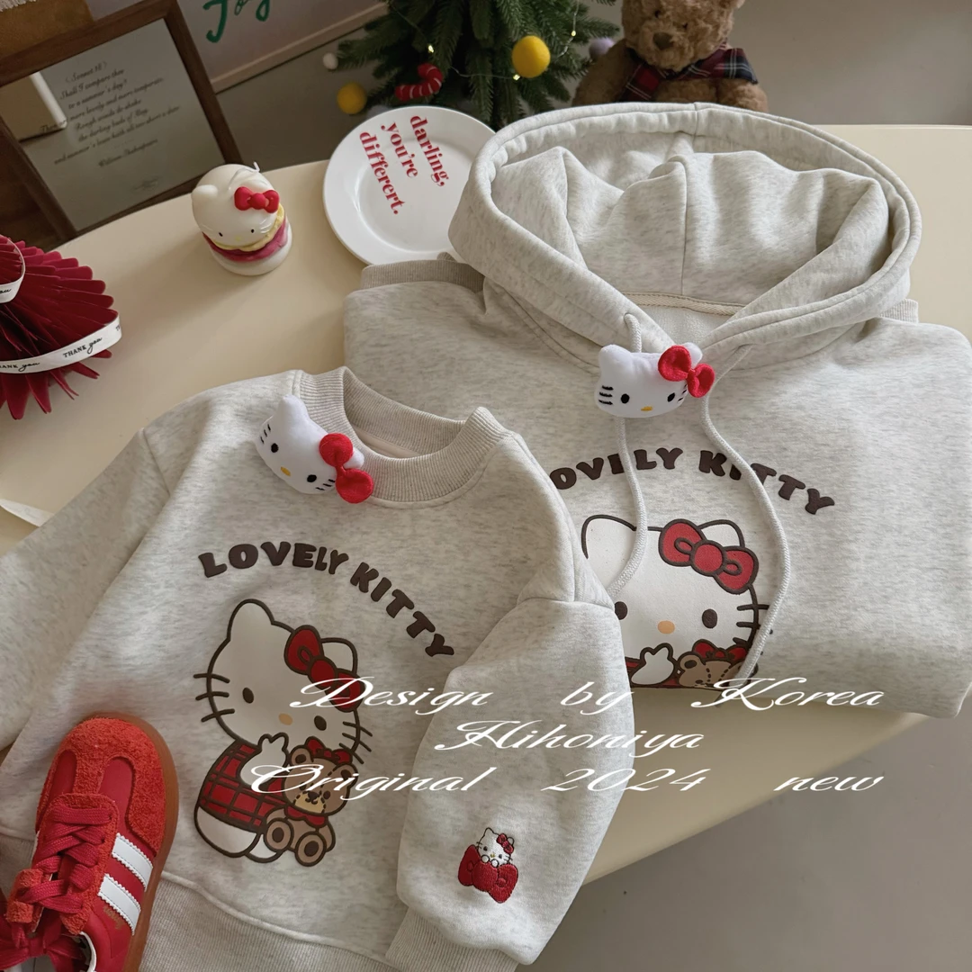 【小熊Kitty】丹妮Hihoniya2024冬季亲子可爱Kitty加绒韩版连帽卫衣