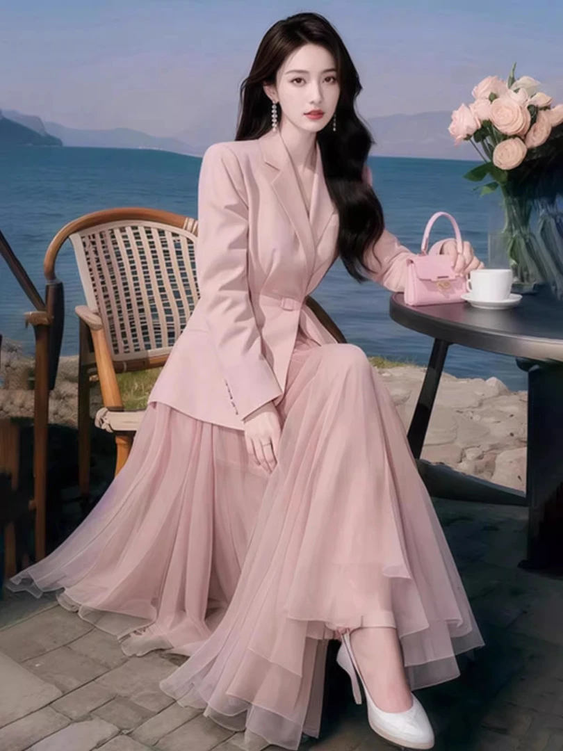 大码女装春季新款时髦显瘦小香风粉色西装外套网纱半身裙两件套女