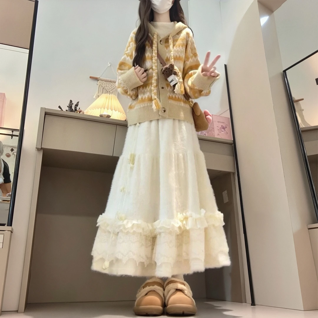 秋冬款慵懒风软糯黄色针织开衫毛衣蕾丝半身裙子甜美小香风套装女