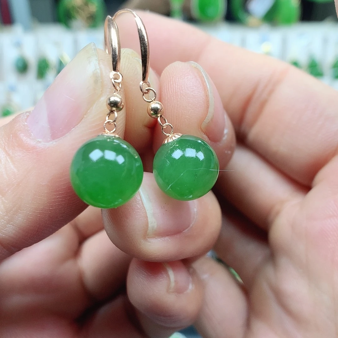 和田玉（碧玉）18K金镶嵌耳饰10mm