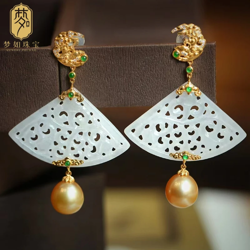 18k金和田白玉雕花耳坠穿旗袍必备耳环ZS国风耳饰