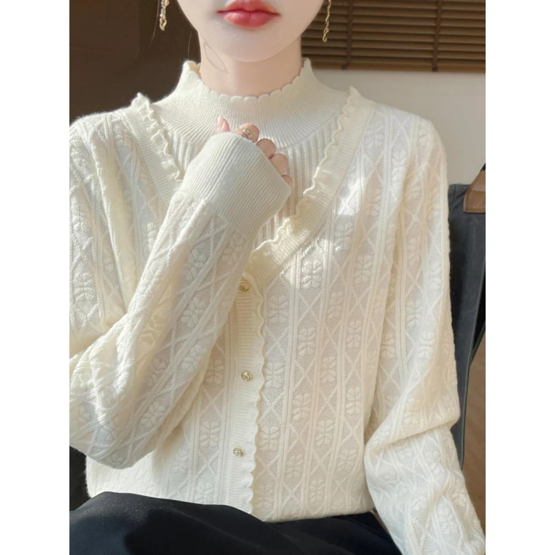 2025秋冬新款假两件半高领气质针织衫女超洋气提花加厚木耳边毛衣