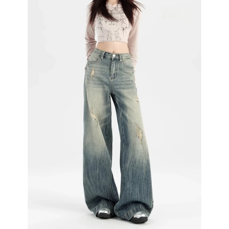 高个子加长美式复古破洞阔腿牛仔裤女高腰宽松显瘦垂感直筒拖地裤