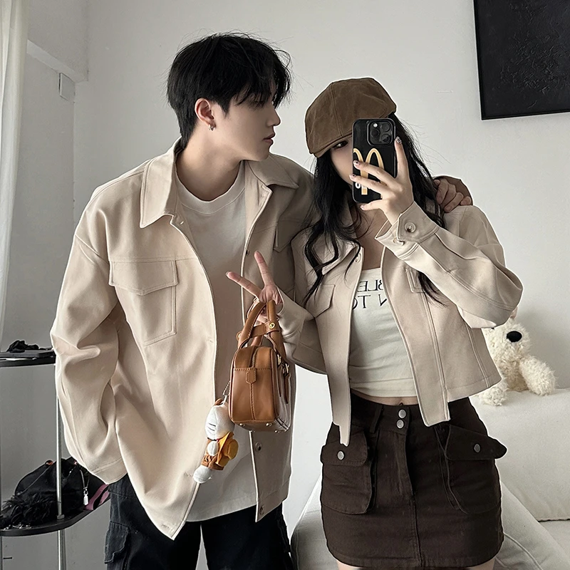 美式高街翻领短外套潮牌高级感春秋季情侣装夹克宽松开衫一长一短