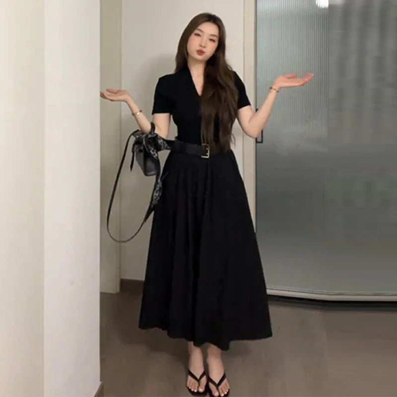 大码法式赫本风v领连衣裙夏季胖mm显瘦宽松收腰休闲长裙子配腰带