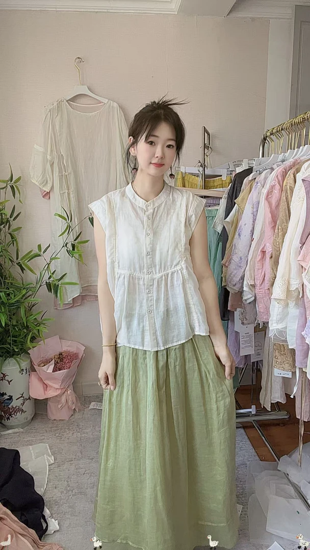 夏季苎麻宽松飞飞袖拼接抽褶纯色文艺女衬衫上衣