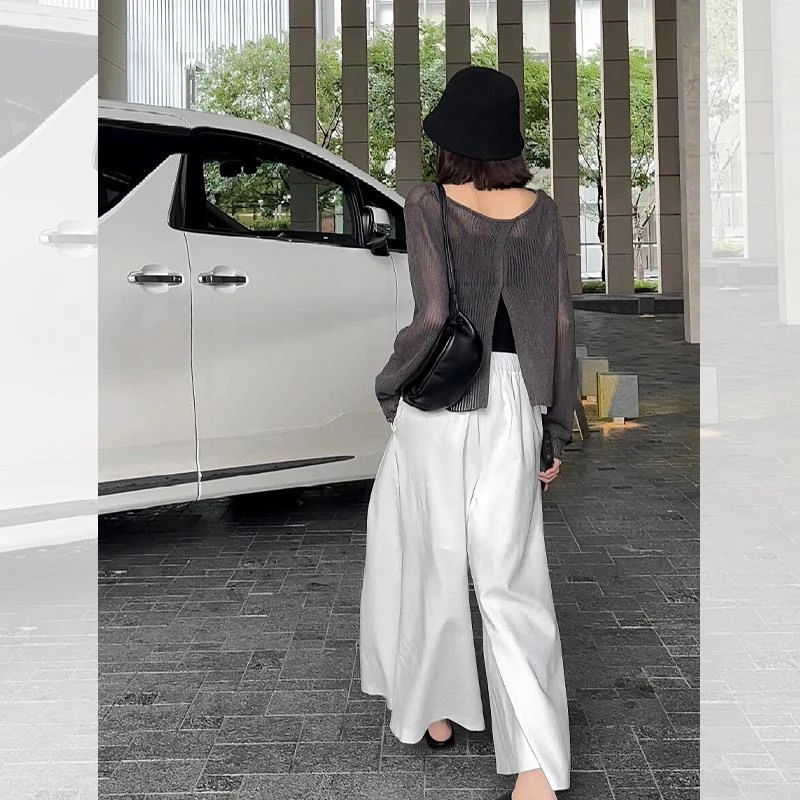 灰色冰丝薄纱后背镂空开叉防晒罩衫女夏季外搭短款针织空调衫上衣