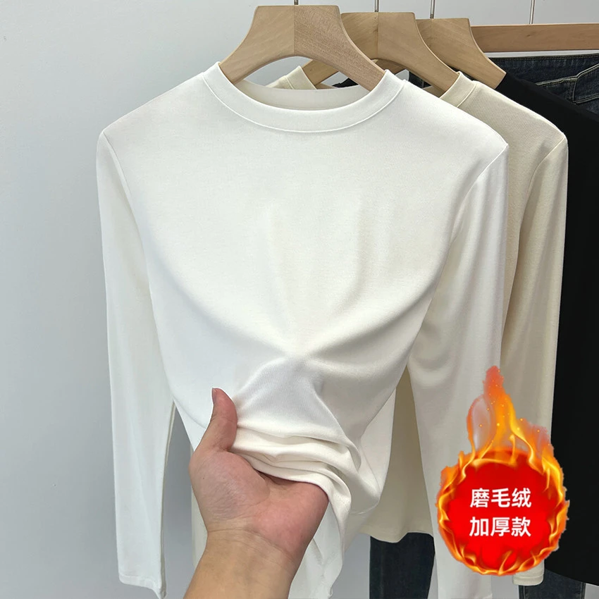 2025年早秋新款纯色圆领长袖t恤女内搭显瘦极简风基础款打底衫ins