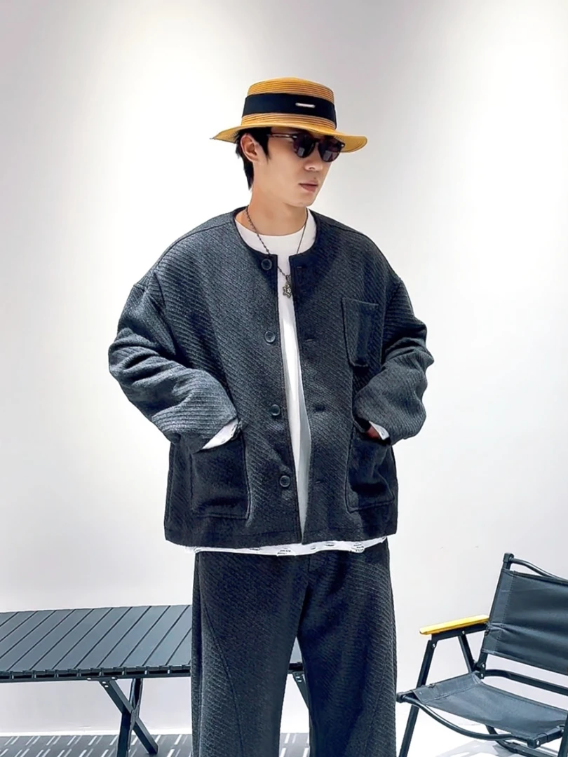 韩风宽松无领小香风秋季外套男