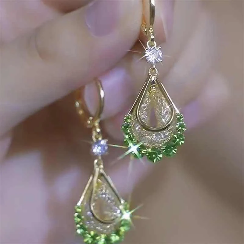 铜合金耳饰 绿色闪钻水滴耳环女轻奢高级感耳坠气质大气耳钉耳饰