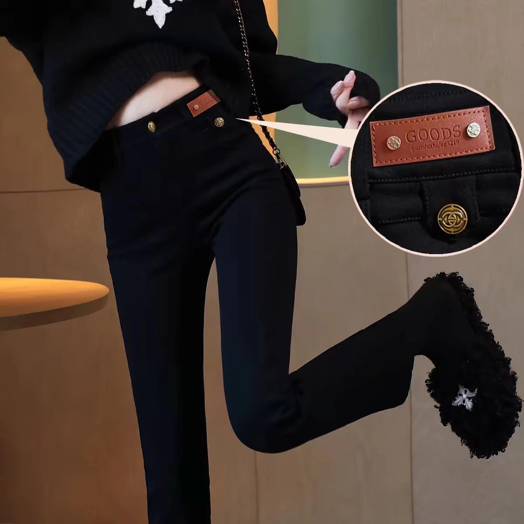 （柚子同款）1+1冬款三代加厚绒显瘦小黑直筒裤8021
