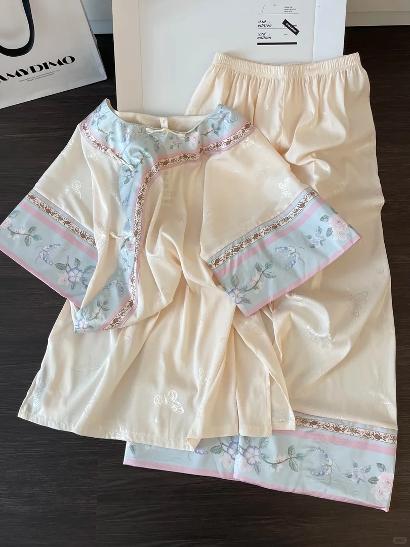 宫廷古风复古中式花边短袖睡衣女夏季新款长裤套装高级感家居服夏