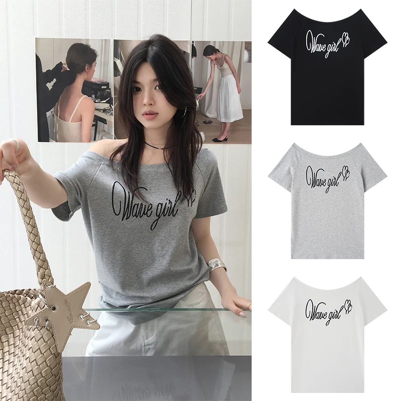 Miss sumeyY3816自制夏季印花斜露肩短袖t恤女小众性感纯欲上衣