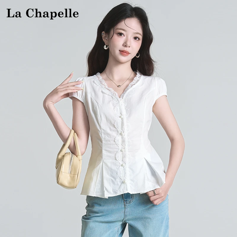 拉夏贝尔法式气质蕾丝花边短袖2025夏季新款V领收腰显瘦上衣