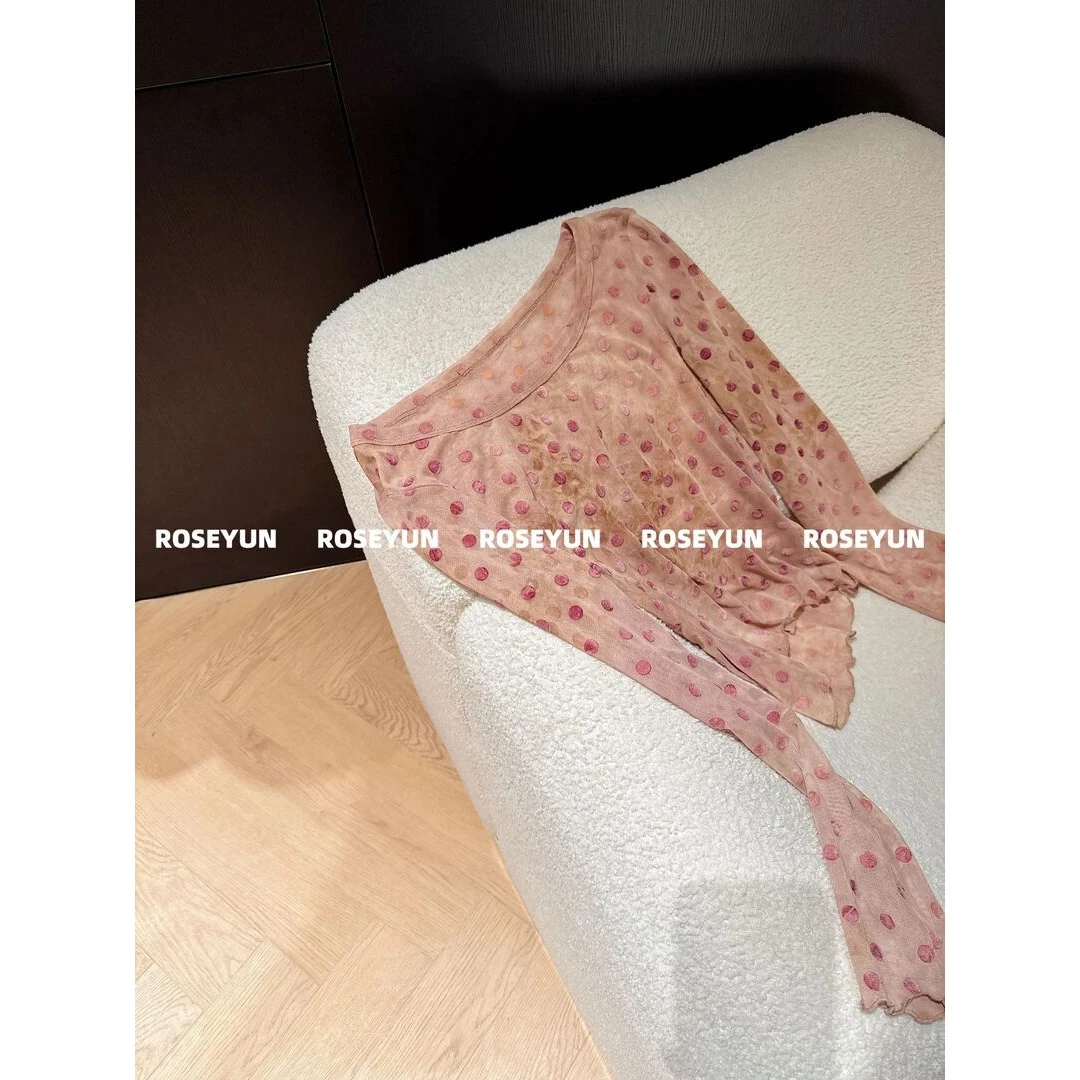 纯欲风网纱设计感波点长袖t恤女春夏韩系甜美修身显瘦小衫上衣潮