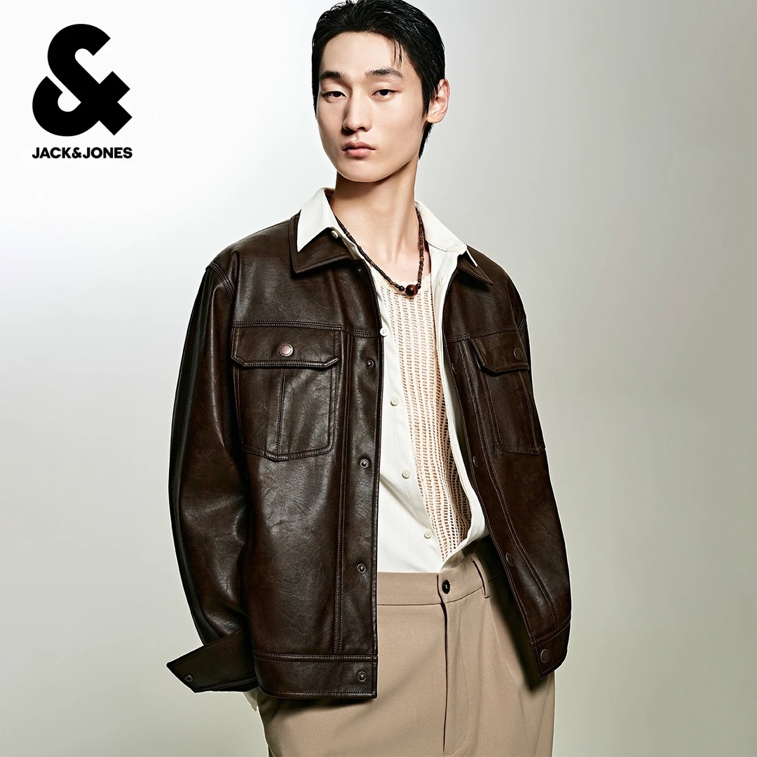 杰克琼斯秋季时尚潮领口字母钢印商务休闲舒适翻领PU夹克外套男装