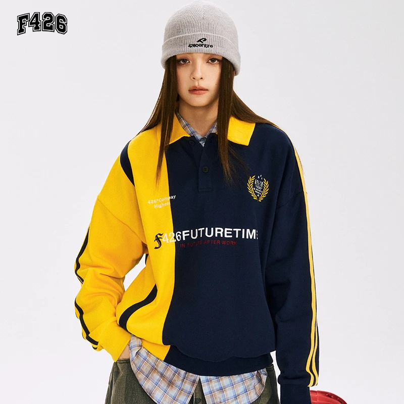 F426潮牌秋季新款小众情侣上衣美式宽松时尚拼色POLO衫卫衣6525