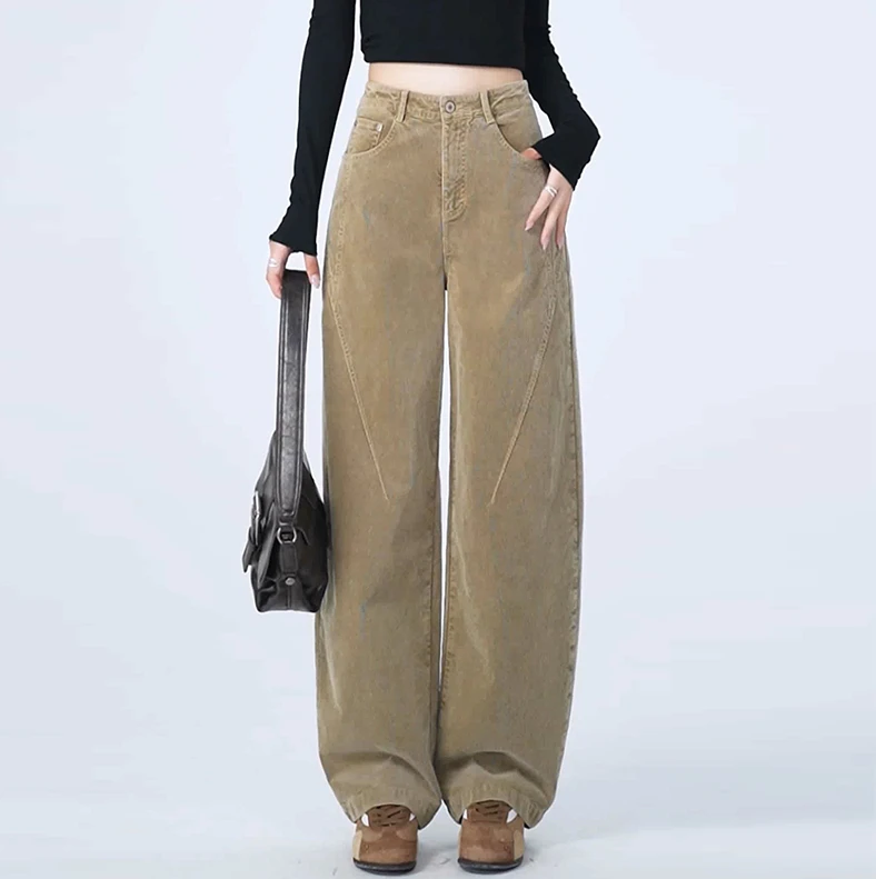 老钱风复古卡其色裤子灯芯绒高腰休闲裤女秋冬加绒小个子弯刀裤