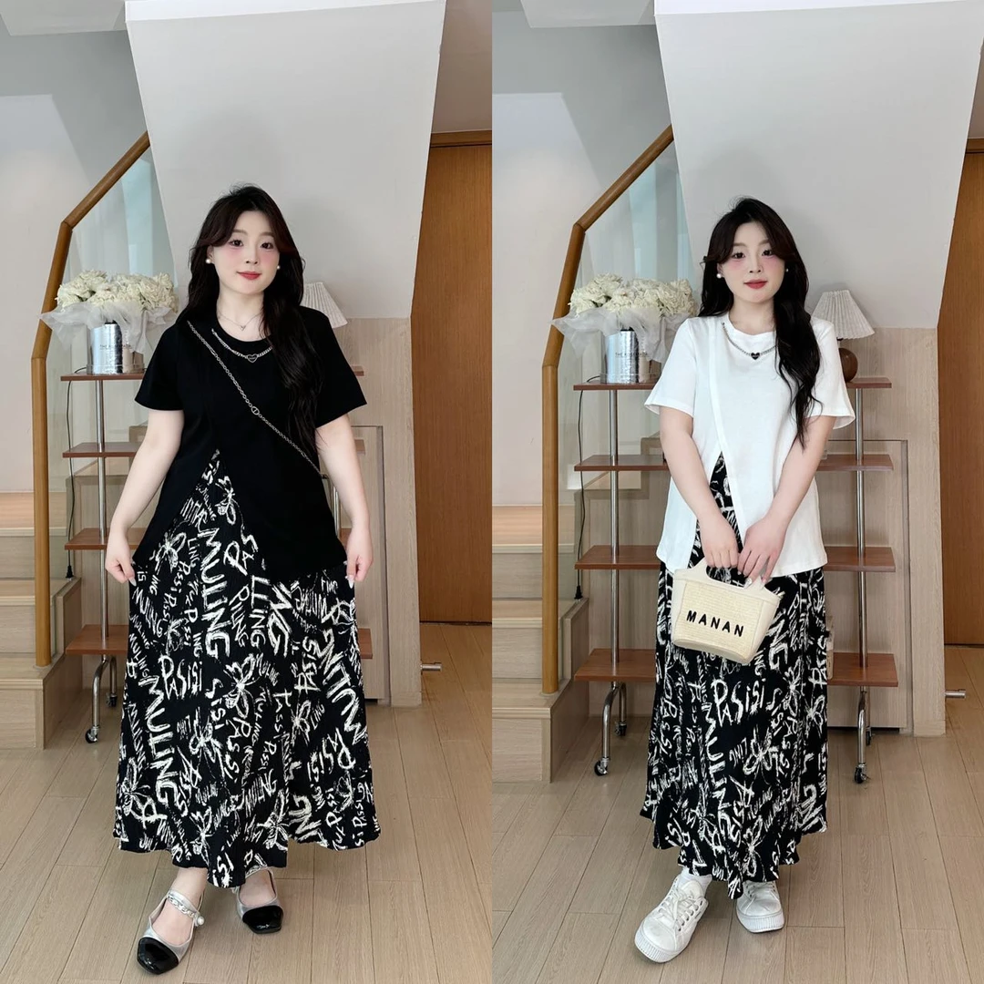 现货-心心宠粉【慵懒套装】夏季短袖宽松T恤胖MM显瘦半身裙套装