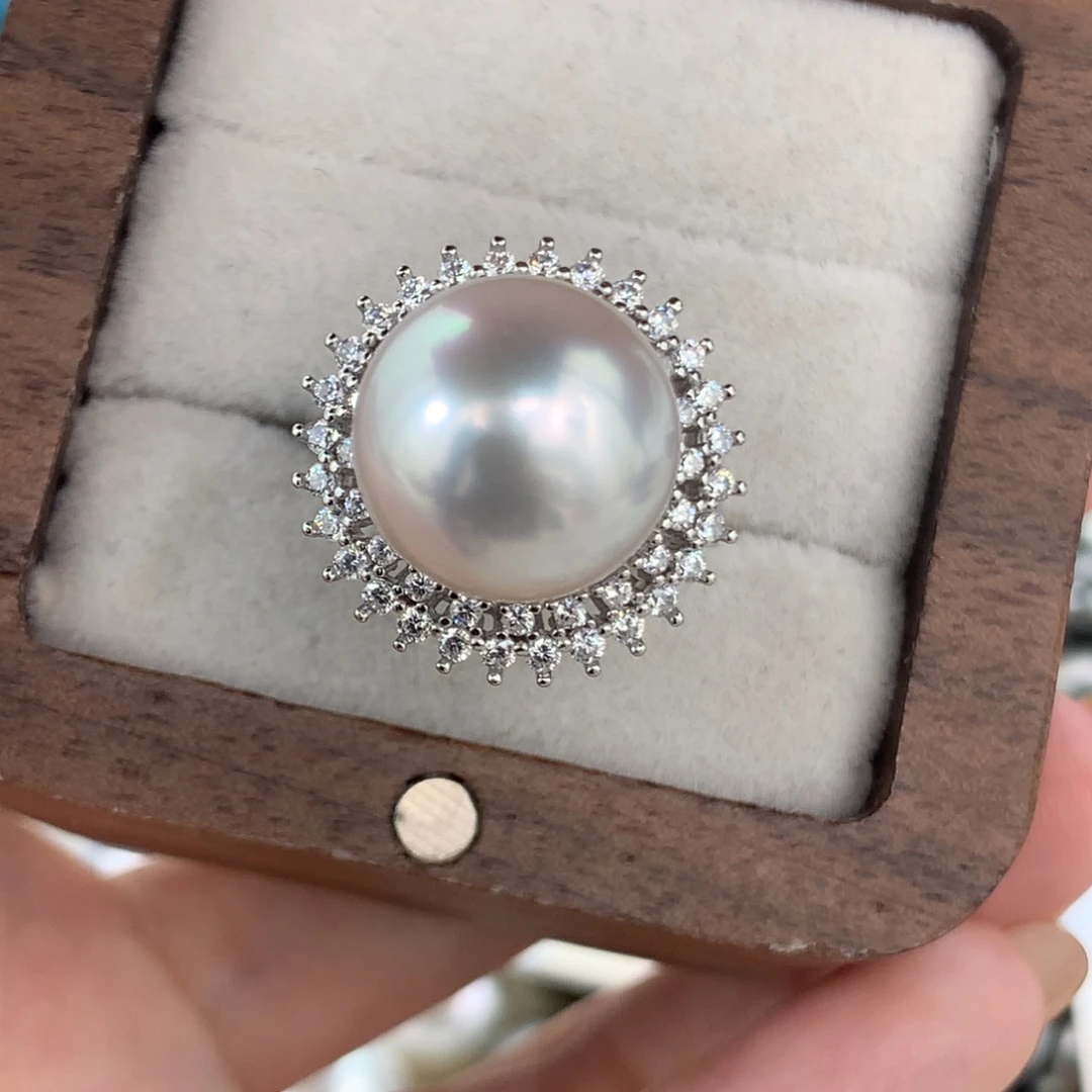 定制海水珍珠银S925镶嵌戒指/指环澳白12.6mm款后无瑕