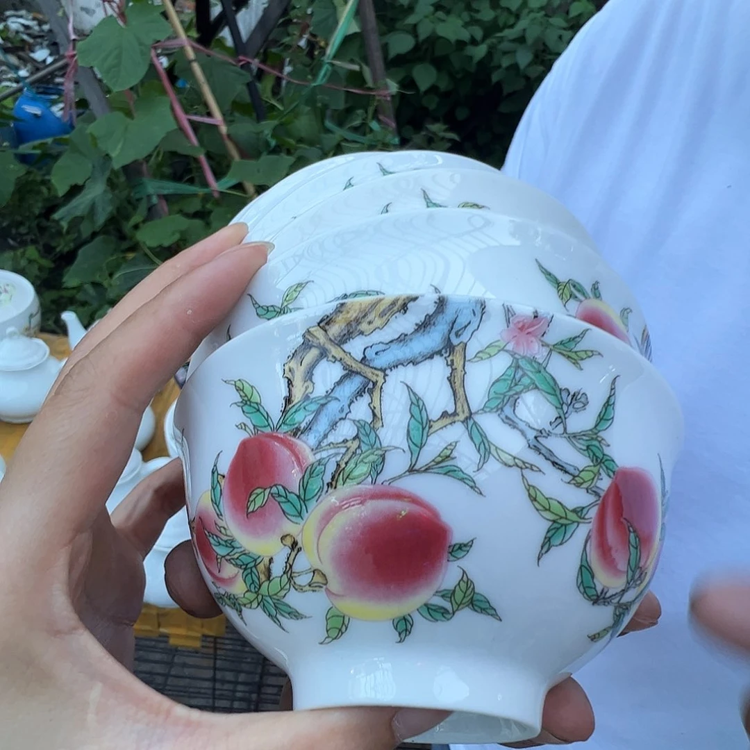 瓷片景德镇陶瓷粉桃米饭碗10只