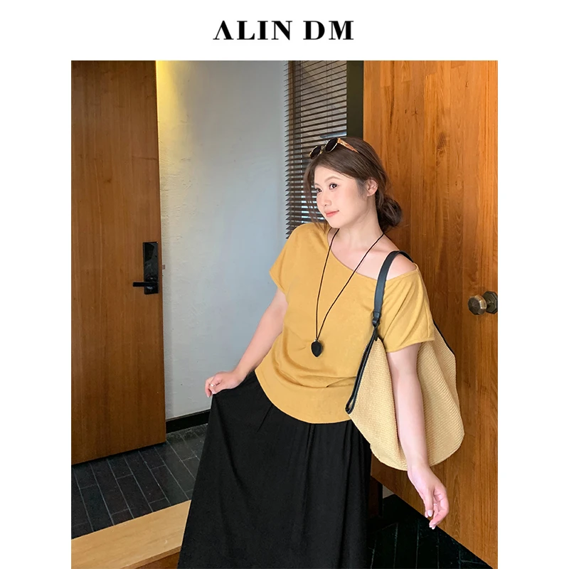 ALINDM【小众设计】大码微胖mm小众斜肩短袖上衣修身显瘦 HG8570