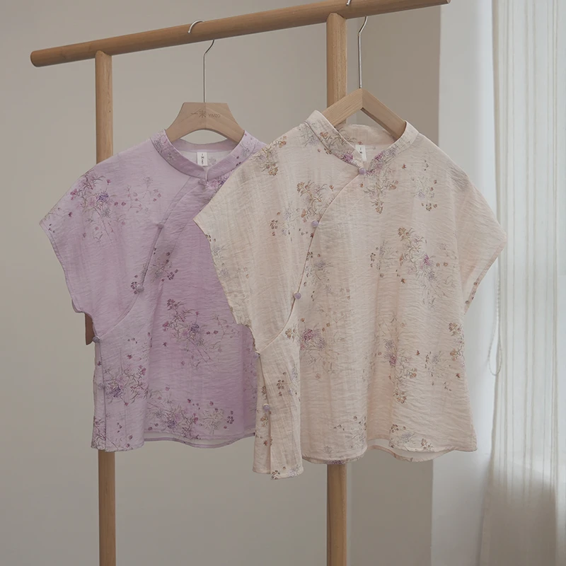 4670《予香》原创新中式国风短袖衬衫2025小清新文艺宽松上衣