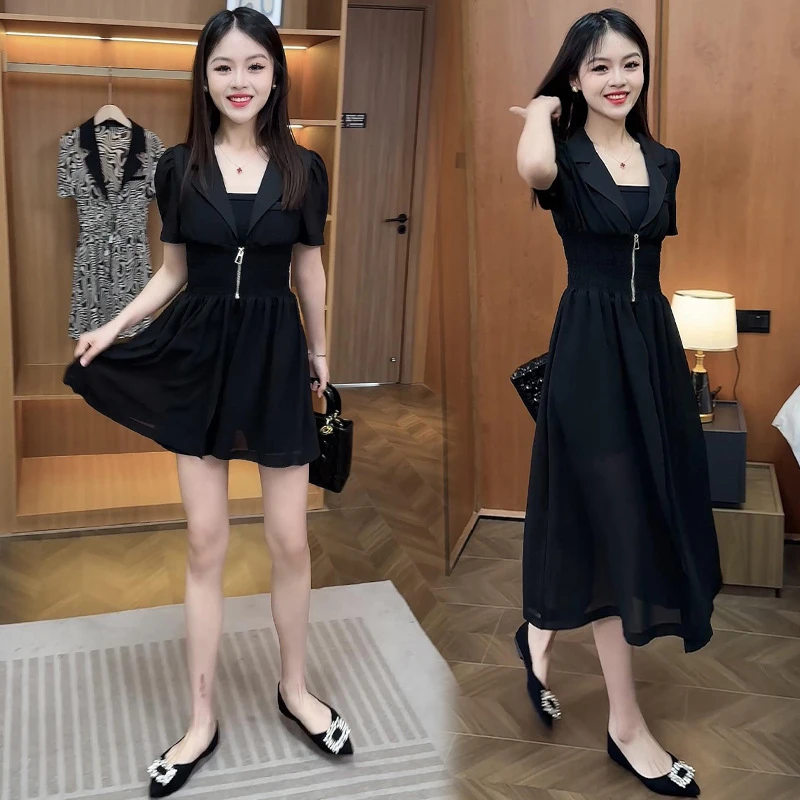 短袖中长款法式黑色气质赫本风休闲风夏季小个子夏装裙子套装洋气