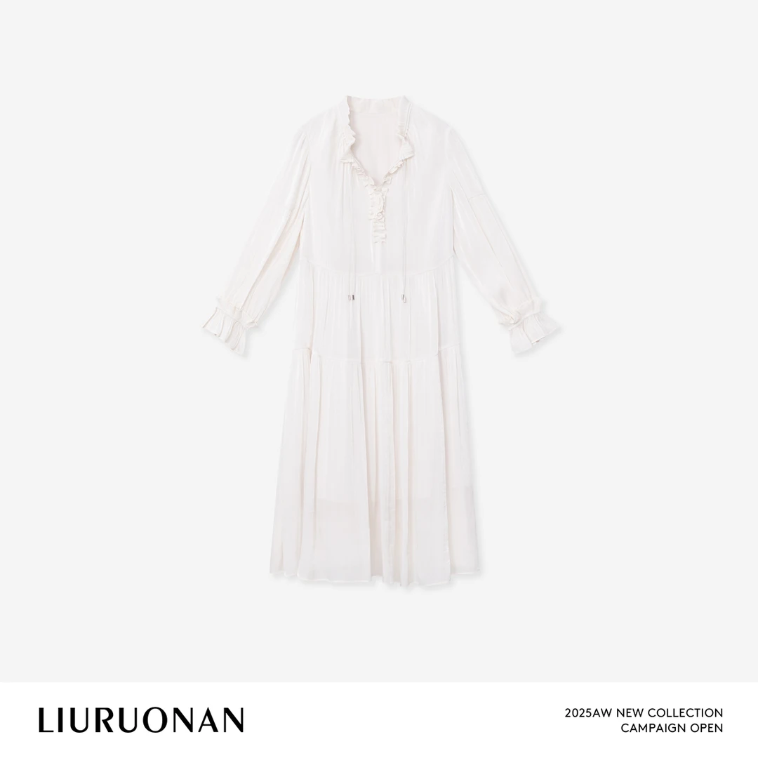 LIURUONAN 25FL【布兰奇】气质V领木耳边轻纱飘逸秋冬宽松连衣裙女