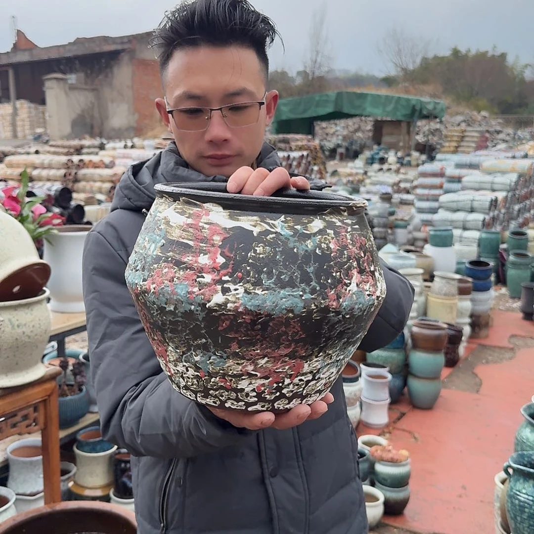 紫砂花盆口23高23（一个彩色姹寂泼墨