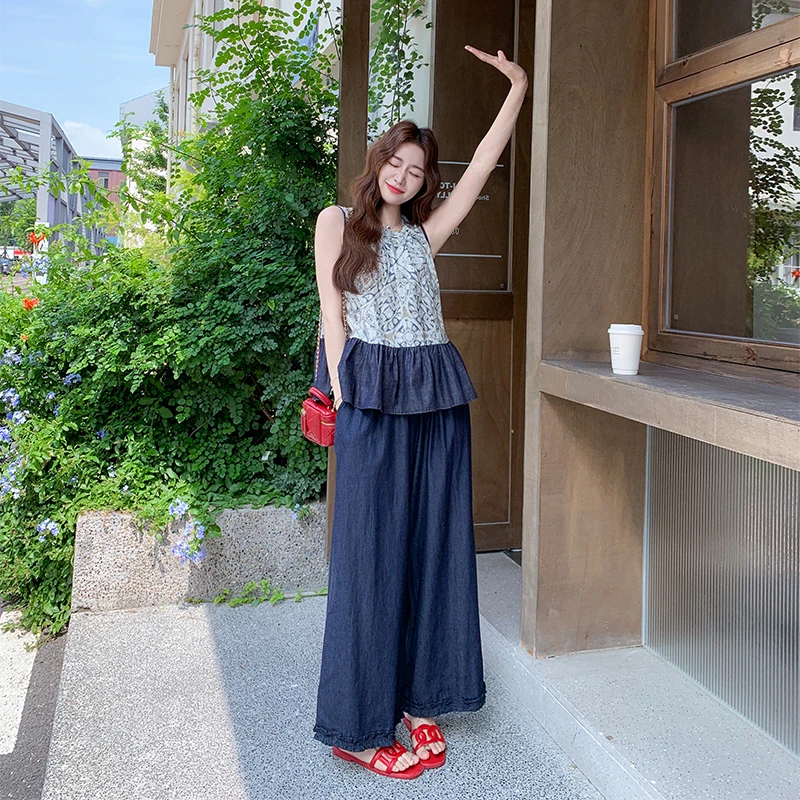 复古洋气牛仔花边上衣拼接阔腿裤套装女2025夏新款休闲减龄两件套