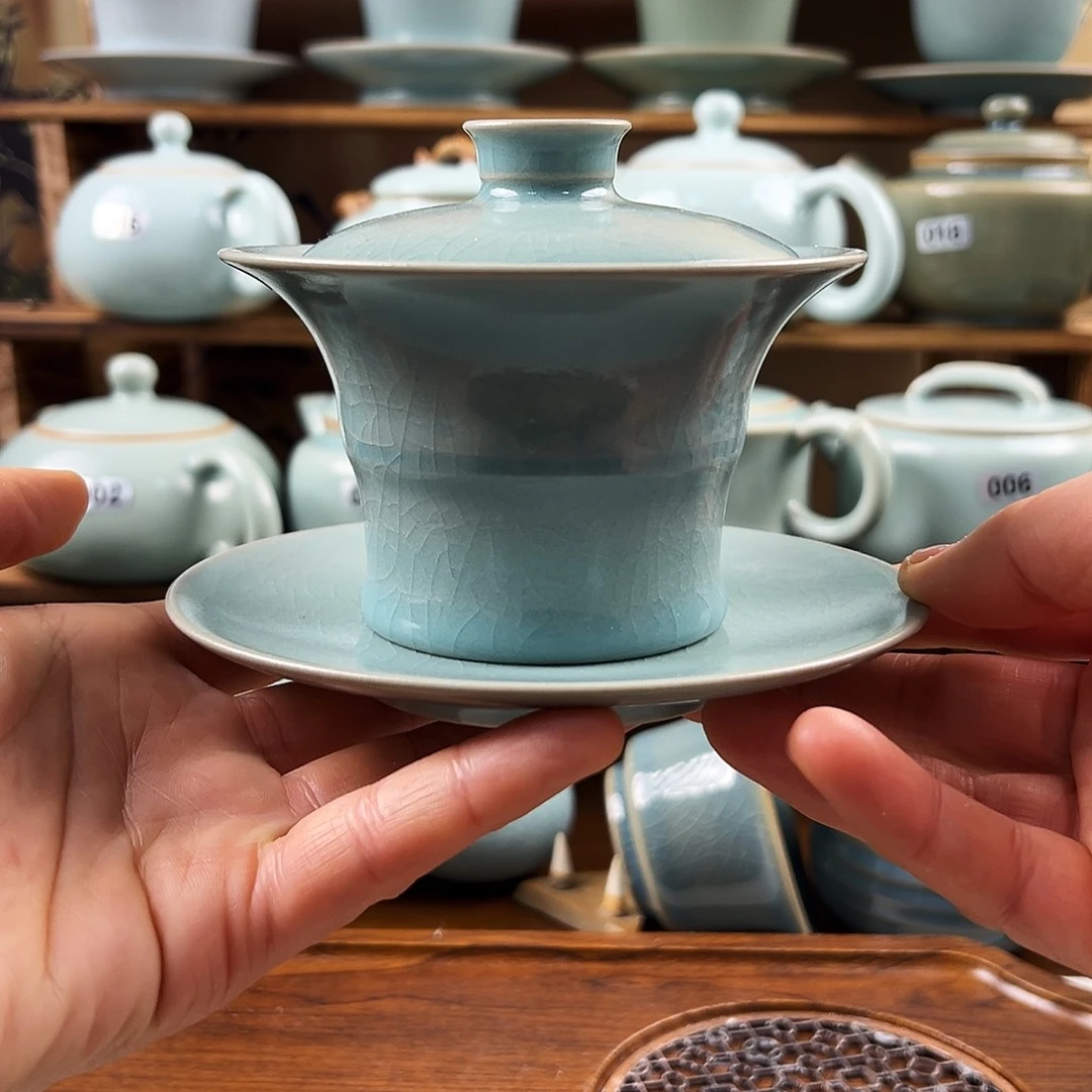 仿古釉三才盖碗手工