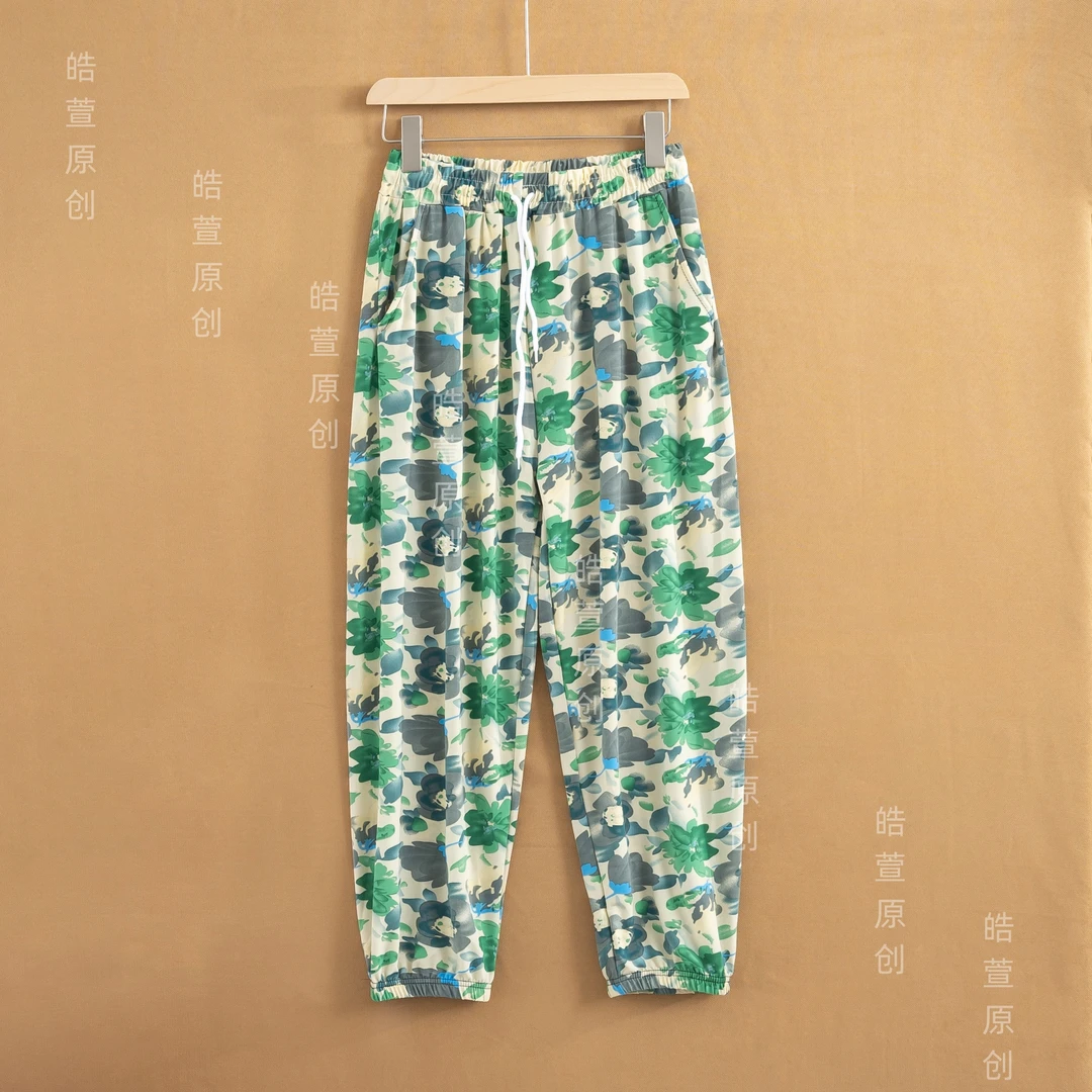 2025夏新款时尚大花显瘦休闲薄款遮肉印花宽松防蚊九分裤阔腿裤