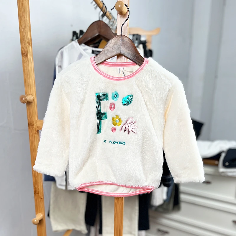 K606 童装 92-140码欧美儿童绒绒卫衣圆领打底衫春秋卡通珠片外贸