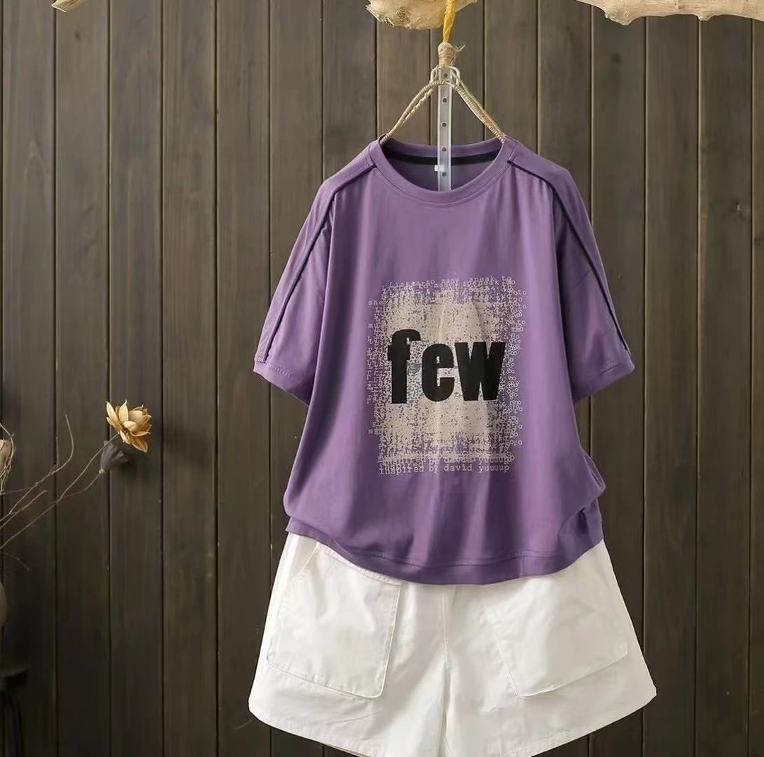 2025夏季新款印花T恤女款宽松落肩袖短袖时尚休闲百搭大码上衣