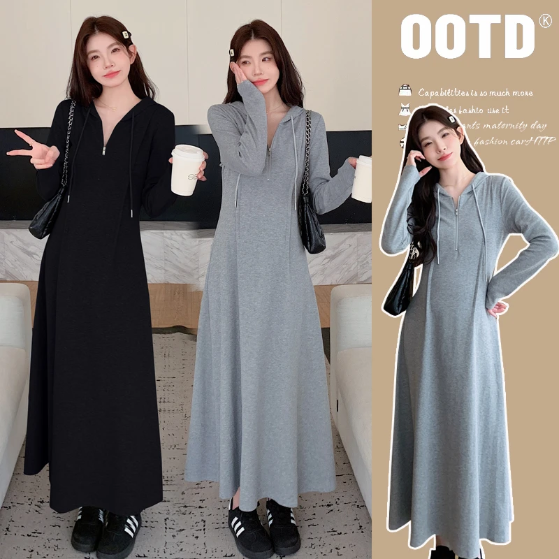 孕妇春装长款连衣裙2025新款气质显瘦套头连帽运动风休闲长裙