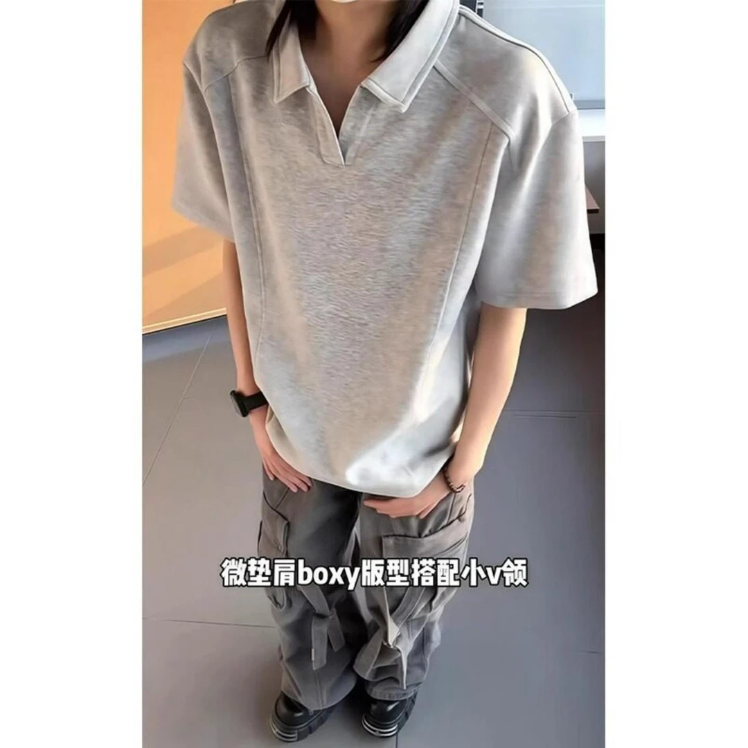 美式解构拼接V领短袖polo衫男夏季美式潮牌纯色宽松廓形半袖体恤